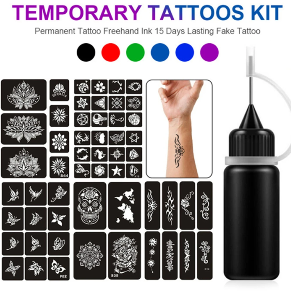 Temporary Tattoos Kit Permanent Tattoo Freehand Ink and Stencils 15 Days Lasting Fake Tattoo DIY