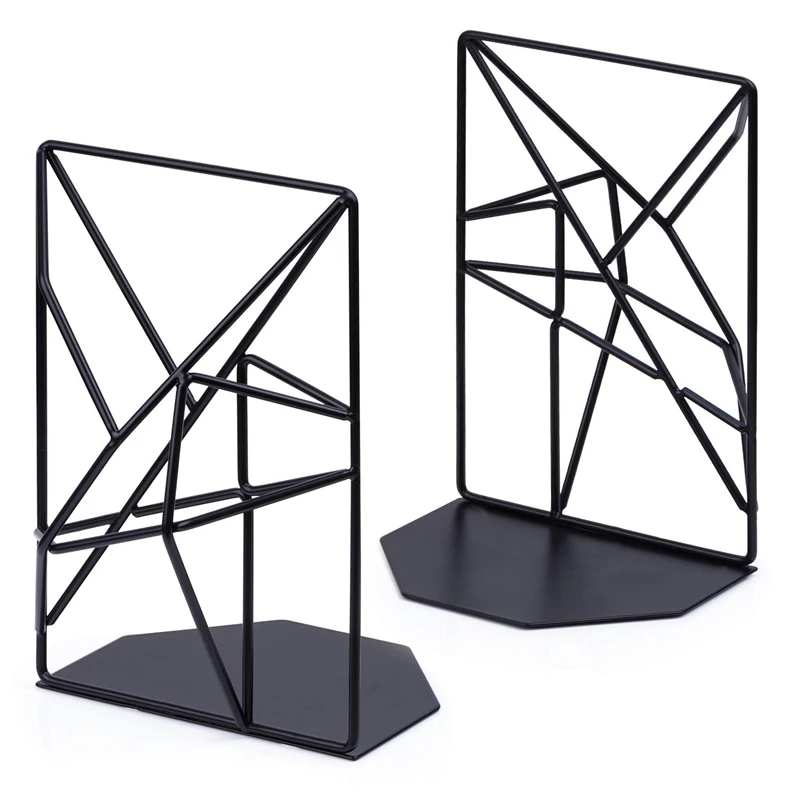 Bookends Black Decorative Metal Book Ends Supports for Shelves Unique Geometric Design Kitchen Cookbooks |