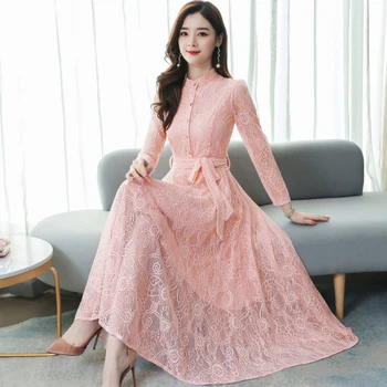 

2020 Spring New Arrival Fashion Female Lace Long Dress Vintage Pink Dress Plus Size Women Formal Elegant Fashion 3xl Midi