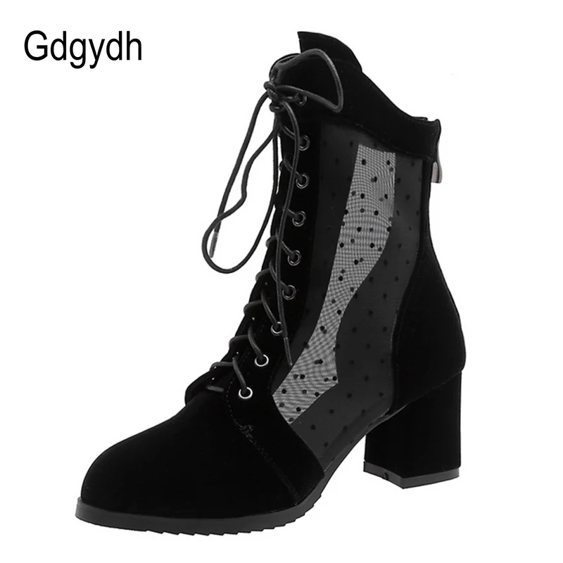 Женские сетчатые сапоги Gdgydh черные удобные на блочном каблуке шнуровке с
