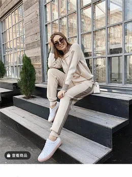 

2020 Limited Wool Bamboo Fiber Full O-neck Drawstring Women Two Piece Outfits Fashion Knit Cashmere Set Casual Top And Pants