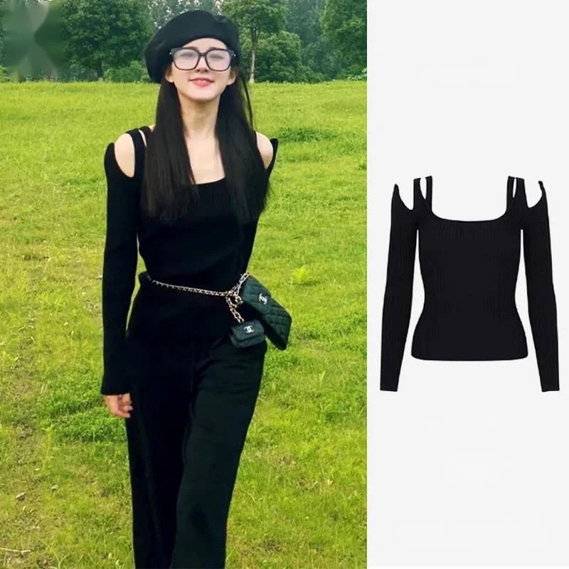 Long Sleeve T-shirt Black Bottomed Shirt Off Shoulder Design Feeling Slim Fit Elastic Knitted Autumn | Женская одежда