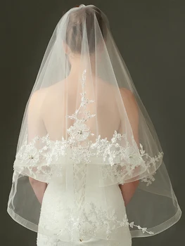 

Ivory Appliques Beading Flowers Wedding Veil Appliques Edge Short Two Layers Bridal Veil