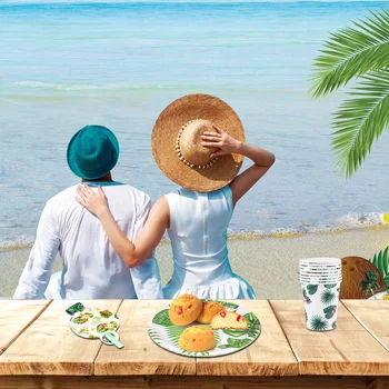 

52pcs Hawaiian Theme Disposable Tableware Paper Cup Monstera Leaf Printing Plates Napkins Set Leaf Banner Set Festival Summer Pa