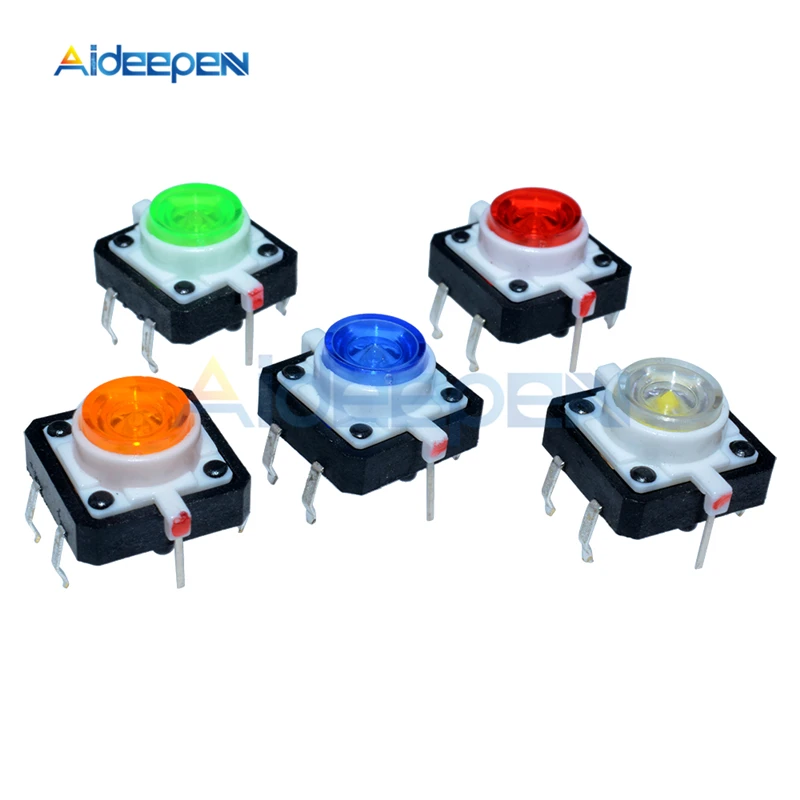 5 Bouton-poussoir Tactile, LED, 12x12x7.3mm, rouge, vert, bleu, jaune,  blanc.