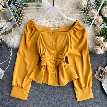 

Women's Retro Square Collar Shirt Frilled Ruffle Swing Solid Color Puff Sleeve Top