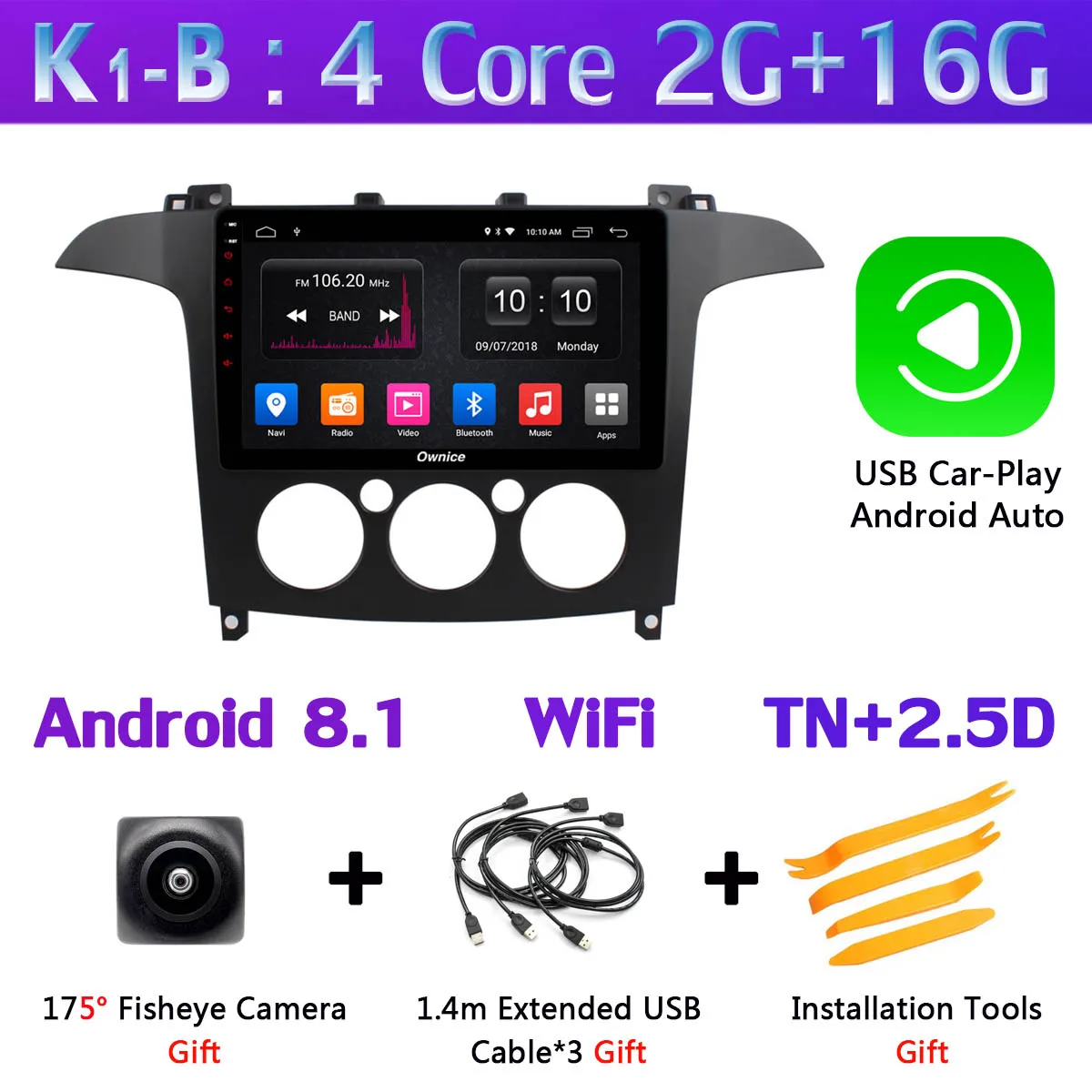 360 ° камера 4G SIM Android 9,0 4G+ 64G gps Navi Радио CarPlay SPDIF DSP Автомобильный плеер стерео для Ford S-Max S Max 2007-2008 AT/MT - Цвет: K1-B-CarPlay