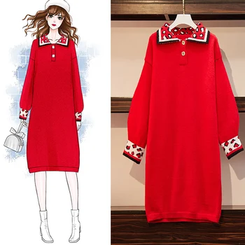 

HAMALIEL Runway Knitted Oversize Loose Women Dress Fashion Plus Size Autumn Winter Red Print Lantern Sleeve Female Midi Vestidos