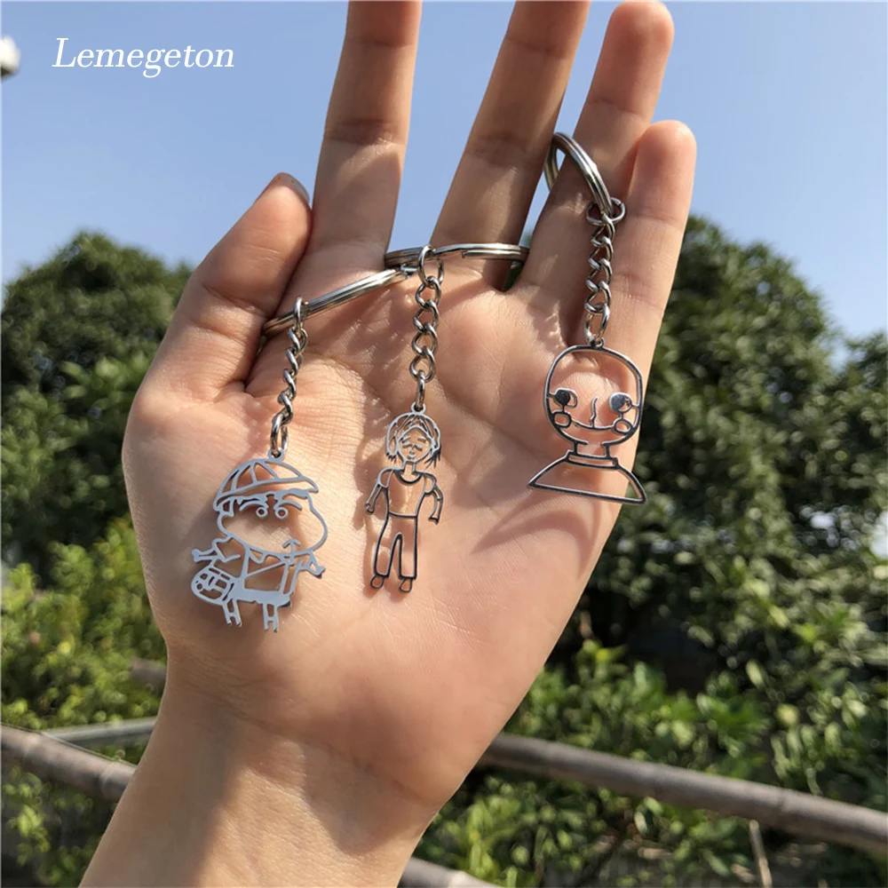 

Lemegeton Customized Children's Drawing Key Chain Stainless Steel Kid's Art Personalized Keyring Key Holder Kids Gifts