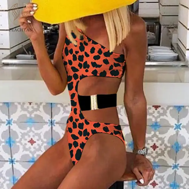 US $10.76 Peachtan one-piece Leopard swimsuit female 2020 monokini Hollow out swimwear women Sexy brazilian b