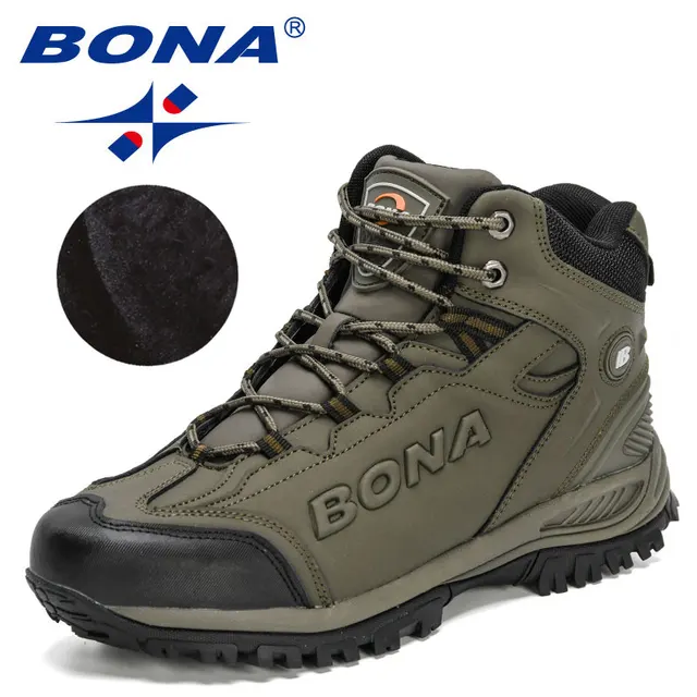 BONA 2022 New Designers Popular Hiking Boots Men Snow Warm Sneakers Man Padded Trekking Winter Action Leather High Top Footwear Army green S gray