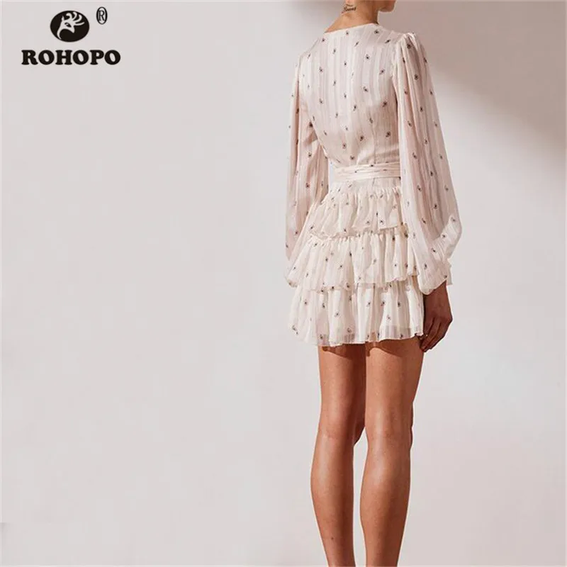 ROHOPO, женское платье, шикарное, длинный рукав, торт, каскадные оборки, белое платье, с поясом, мини, вечерние, туника, Vestido#9237