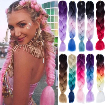 

LUPU 24 Inch Pink Purple Blue Yellow Ombre Braiding Hair Synthetic Hair Extensions Jumbo Braids Kanekalon Hair For Women