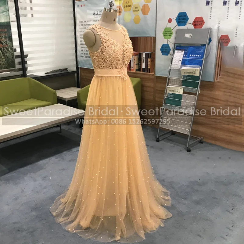 Dark Champagne Tulle A Line Bridesmaid Dresses With Heavy Beads Appliques Sheer Neck Side Split Women Long Wedding Party Dress