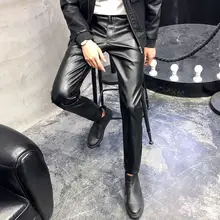 Осенне-зимние новые мужские однотонные кожаные брюки, тонкие Стрейчевые брюки, плюс бархатные плотные повседневные штаны из искусственной кожи