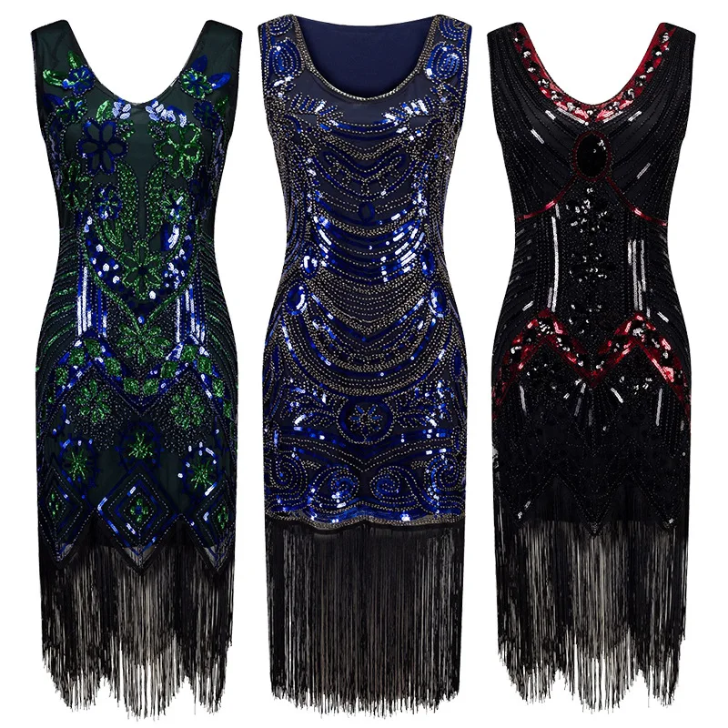 1920s Vintage Inspired Sequin Embellished Fringe Long Gatsby Flapper Dress V-Neck Sleevelee Geometric Fancy 20s Party | Женская одежда