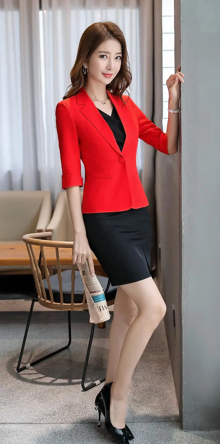 red top black dress IZICFLY новые летние деловые Модные женские костюмы с коротким рукавом с блейзером, платье, Униформа, деловой желтый Блейзер, офисный костюм - Цвет: red top black dress