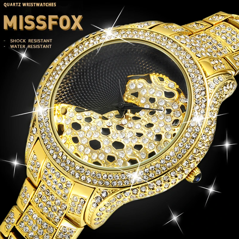 

MISSFOX 3D Leopard Watch Mens Black Dial 18k Gold Top Brand Luxury Wathces Men Stainless Steel Back Elegant Hand Watch For Men