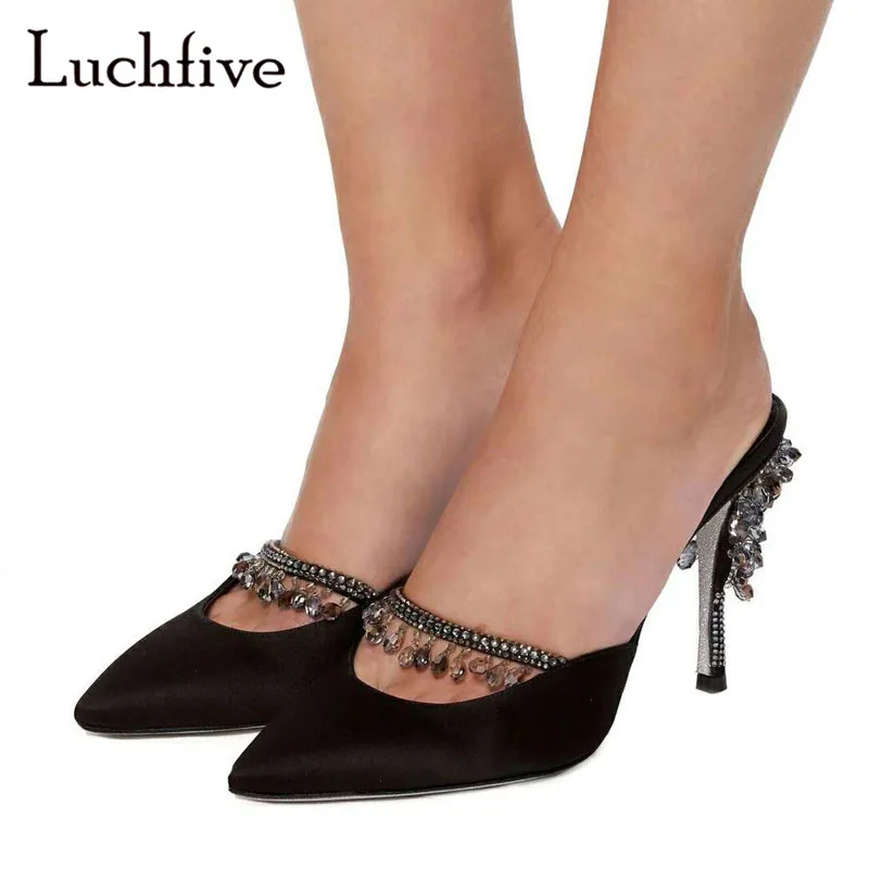 High Heel Dress Mules Elegant Black Suede Leather Slippers Beading
