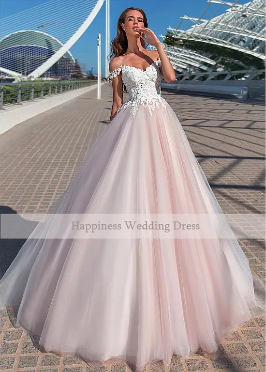 Белое и розовое Тюлевое свадебное платье с открытыми плечами с милой аппликацией, свадебные платья со шнуровкой на спине, свадебные платья