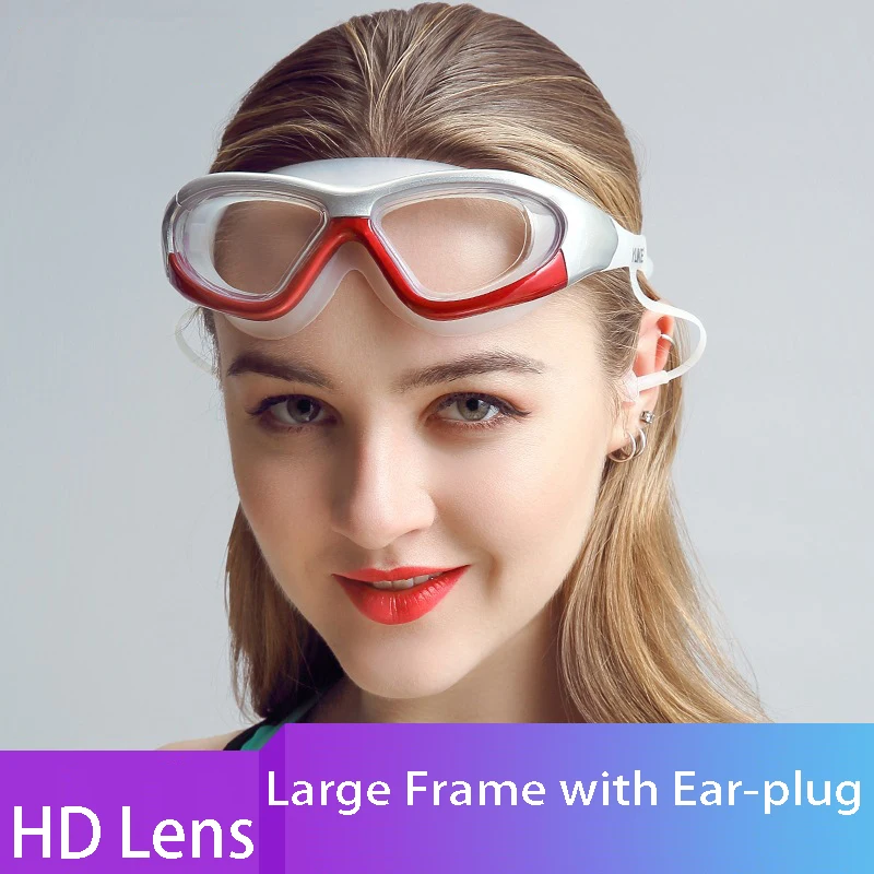 Large Frame Swimming Goggles With Earplug HD Transparent Glasses Anti fog Silicone Waterproof Men Women swim eyewear adult swimming goggles