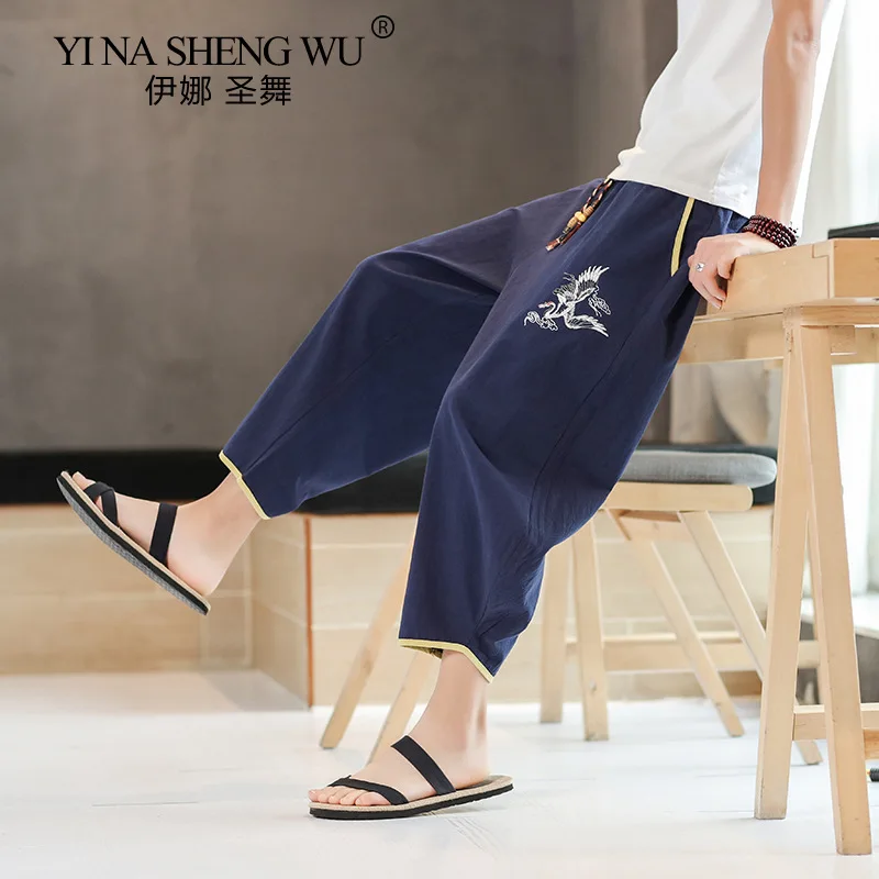 

Брюки мужские пляжные из натурального хлопка и льна, модные тонкие свободные штаны с широкими штанинами, в китайском стиле, с вышивкой, повседневные, на лето