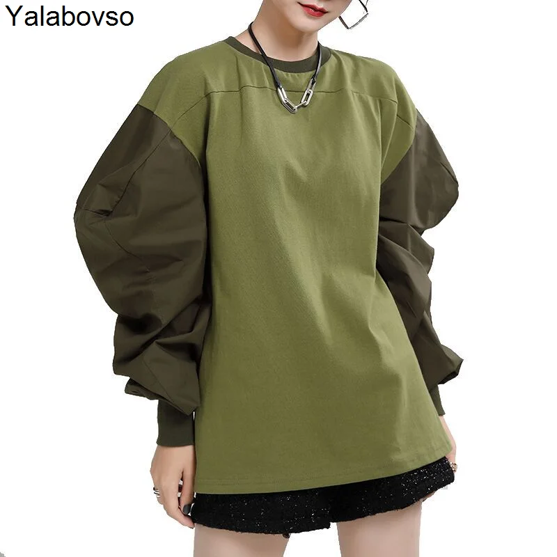 

Women's Trend Tees Bubble Sleeve Stitching Tops Loose 2021 Spring Ins Fashion Slim Crew Neck Pullover Hoodies Yalabovso