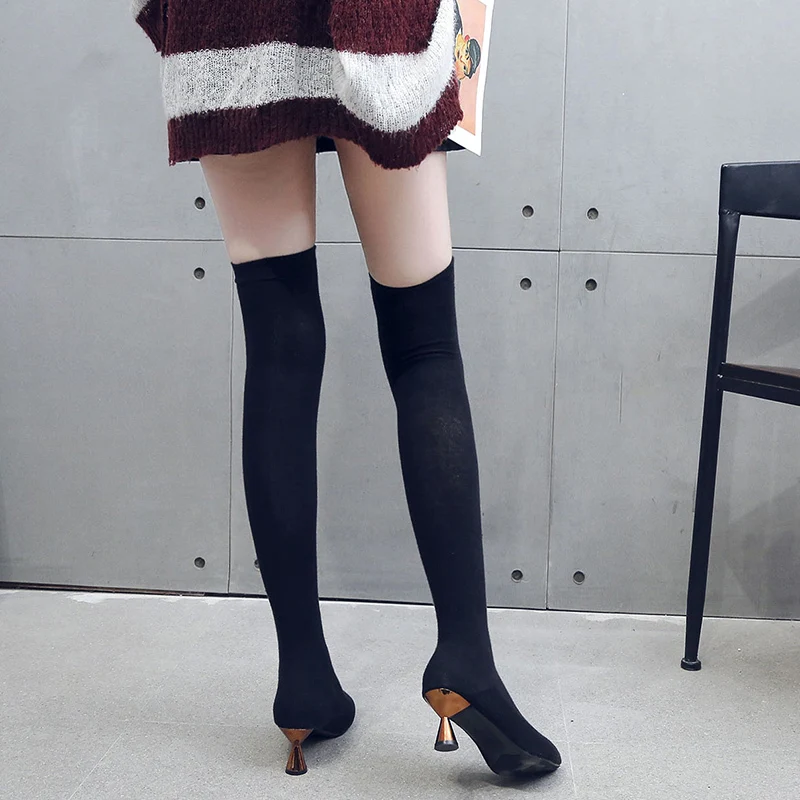 New Knitting Elastic Over The Knee socks Boots shoes Women sexy slim Pointed Toe High Heel thigh high Long Boots ladies
