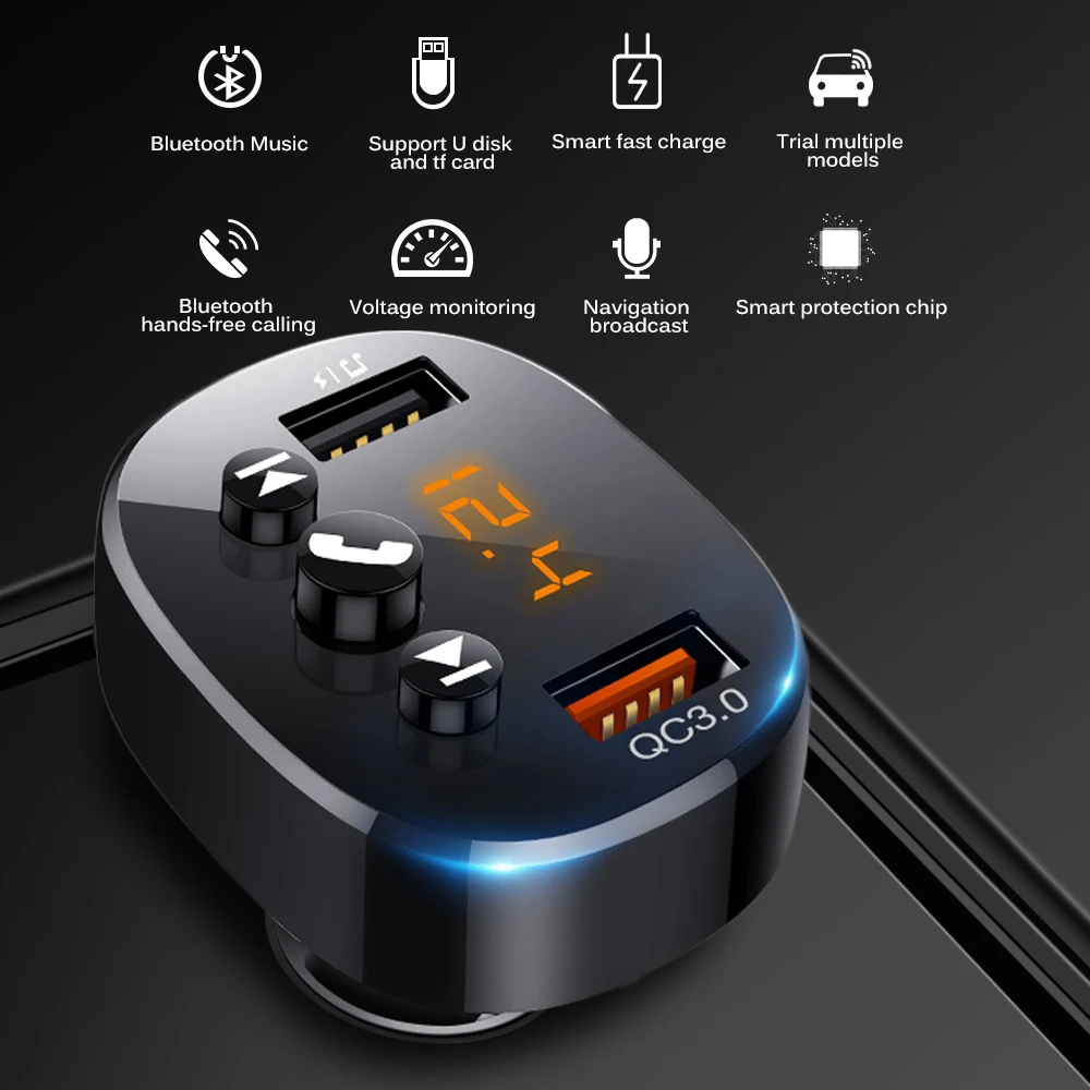 Автомобильное зарядное устройство Bluetooth 5,0, двойной USB, зарядное устройство для мобильного телефона, fm-передатчик QC3.0, быстрая зарядка, Автомобильный MP3-плеер, поддержка u-диска