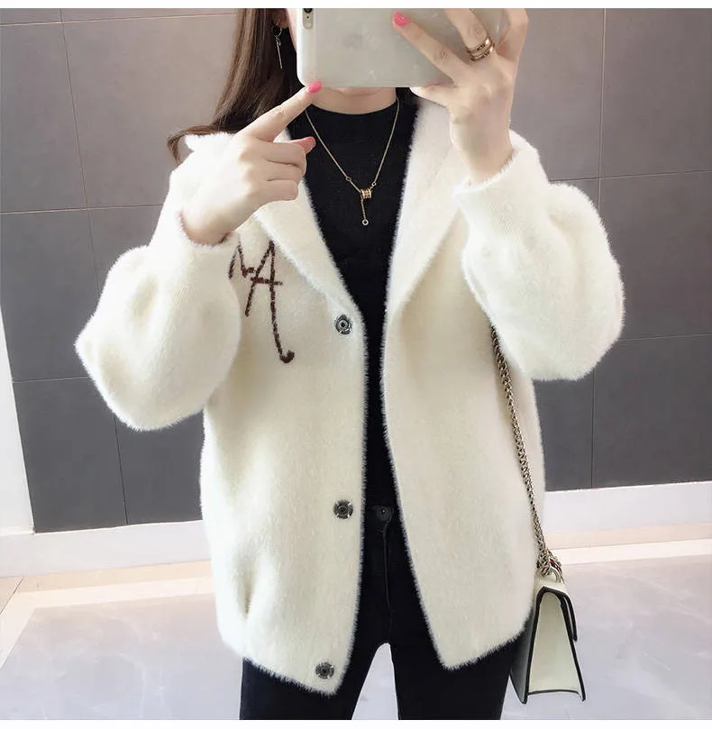 Women Mink Fur Jacket Autumn Winter Women Coat Loose Embroidered Thick Velvet Hooded Sweater Female Cardigan