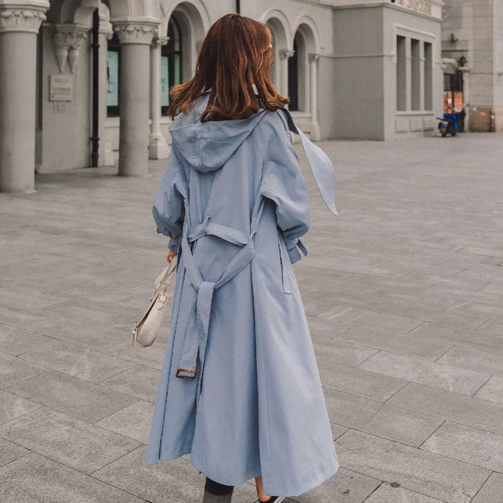 

Photo Shoot INS GIRL'S Heart Pink Front Point Collar Hooded Trench Coat Women's College Style Bow Bandage Cloth Waist Hugging Lo