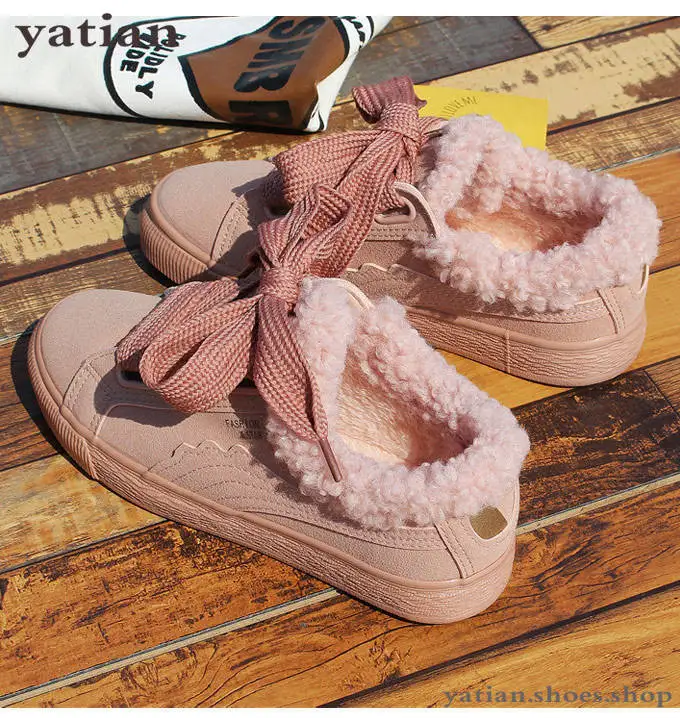 

Brand Super Soft Winter Fur Sneakers White Women Lace-up Flats Shoes Woman Sneakers Fashion Suede Casual Vulcanize Shoes N-155