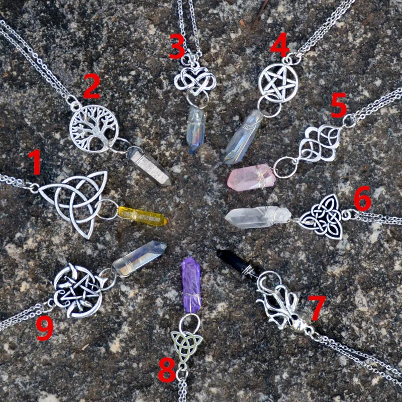 

1pc Vintage 9Type Celtics Knot Wiccan Pentagram Star Life Tree Octopus Pendant Necklace Crystal Quartz Stone For Women Men