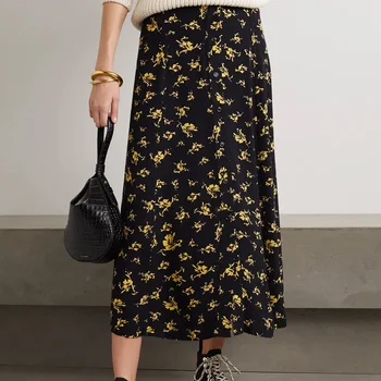 

Women's Midi Skirt 100% Viscose Print High Waist A-line Long Skirt with Buttons