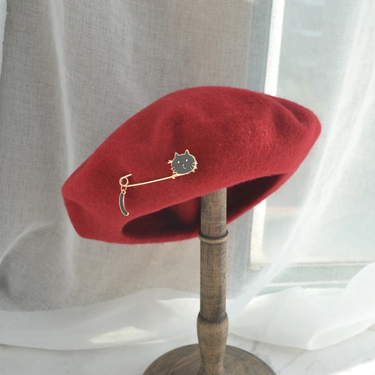 Новинка Зима Sen Department of metal cat милый ретро театральный шерстяной берет живописца шапка женская голова дикого кота - Цвет: Claret