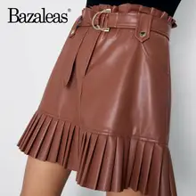 Прямая поставка; модные женские юбки с карманами и высокой талией; винтажная плиссированная юбка из искусственной кожи цвета хаки; женские юбки с поясом из Франции