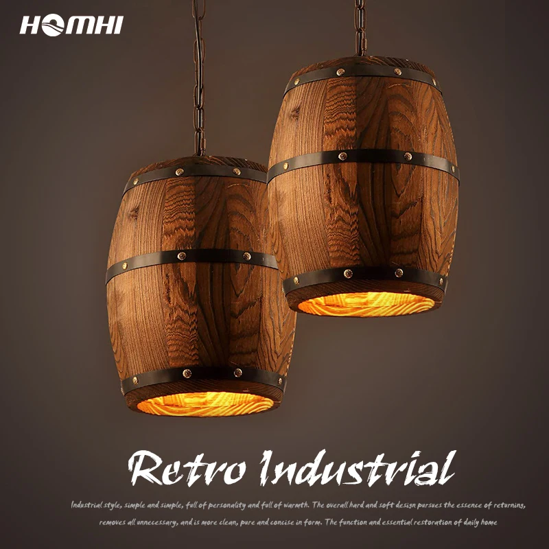 

American cask retro rustic loft pendant light industrial hanging light fixture oak wooden cellar deco vintage lamps loft style