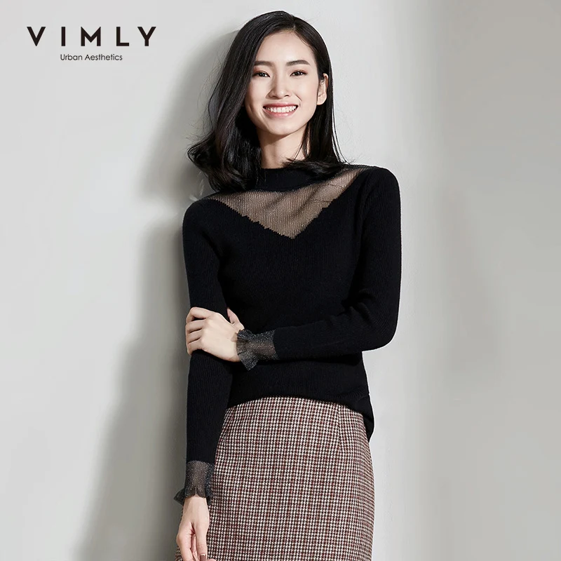 Vimly 2020 Autumn Winter Women Knitted Sweater Office Lady Elegant Patchwork Hollow Out O Neck Slim Female Pullover Tops 99302 | Женская