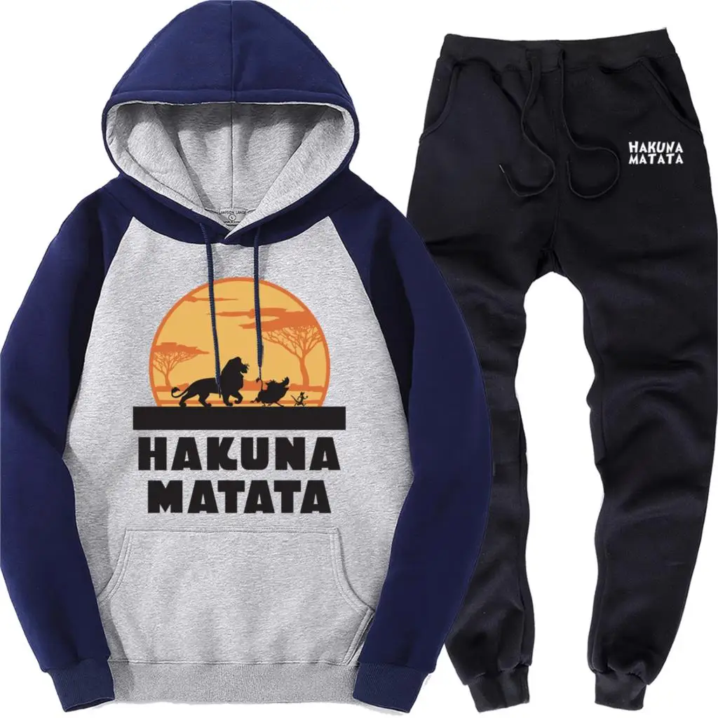 dark blue gray 6 HAKUNA MATATA мужской спортивный костюм набор брендовый костюм из двух предметов мужской уличная одежда Король Лев Толстовки спортивные штаны Harajuku - Цвет: dark blue gray 6