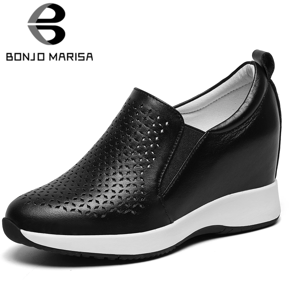 

BONJOMARISA New Ladies Spring Summer slip-on Hollow Pumps Genuine Leather Platform Pumps Women Height Increasing Shoes Woman