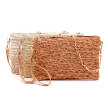 

Women Straw Crossbody Bag Chain Vintage Shoulder Bags Strap Handles Summer Ladies Small Zipper Handbags 517D