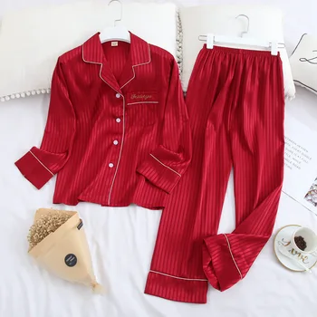 

Silky Pijamas Top&Pants Couples Nightwear Satin Homewear Sleepwear Striped Bathrobe Home Clothes Spring New 2PCS Pajamas Set