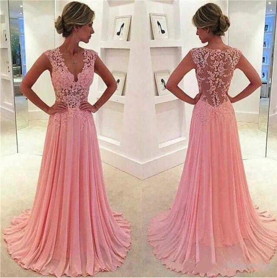Vintage Sweety Blush Pink A Line Chiffon Evening Prom Dresses Lace Appliques Plunging V neck Sexy Sheer Cap Sleeves Girls Party | Свадьбы и
