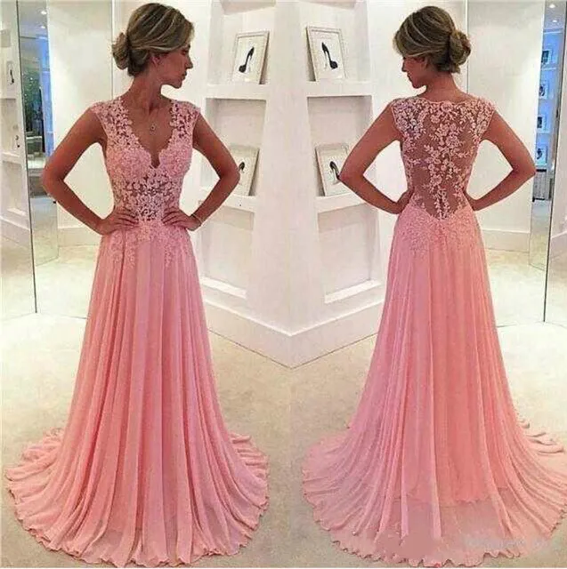 $US $92.62 Vintage Sweety Blush Pink A Line Chiffon Evening Prom Dresses Lace Appliques Plunging V neck Sexy Sheer Cap Sleeves Girls Party
