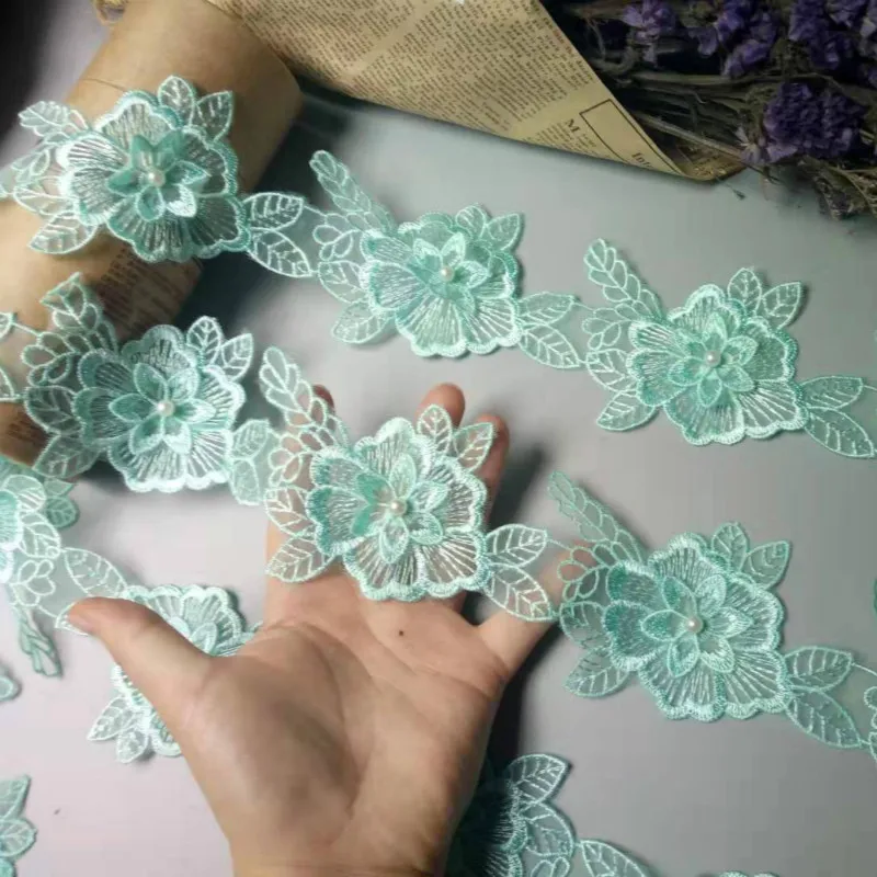 

2 Yard Green Cotton Pearl Flowers Leaf Embroidered Lace Trim Ribbon Fabric Sewing Supplies Craft For Garment Decoration 10cm New