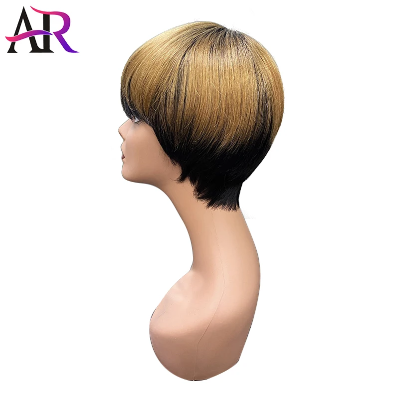 Perucas de Cabelo Brasileiro para Preto Humano Curto Pixie Corte Reto Remy Cabelo Feminino Máquina Feita Destaque Cor Peruca Barata 192 Cheap Perucas à máq.