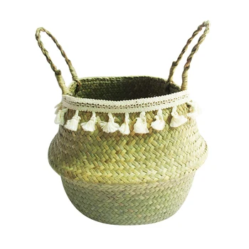 

Multi-functional Storage Flower Pot Container Foldable Flower Basket Big Belly Natural Seaweed Weaving Basket with 2 Handles