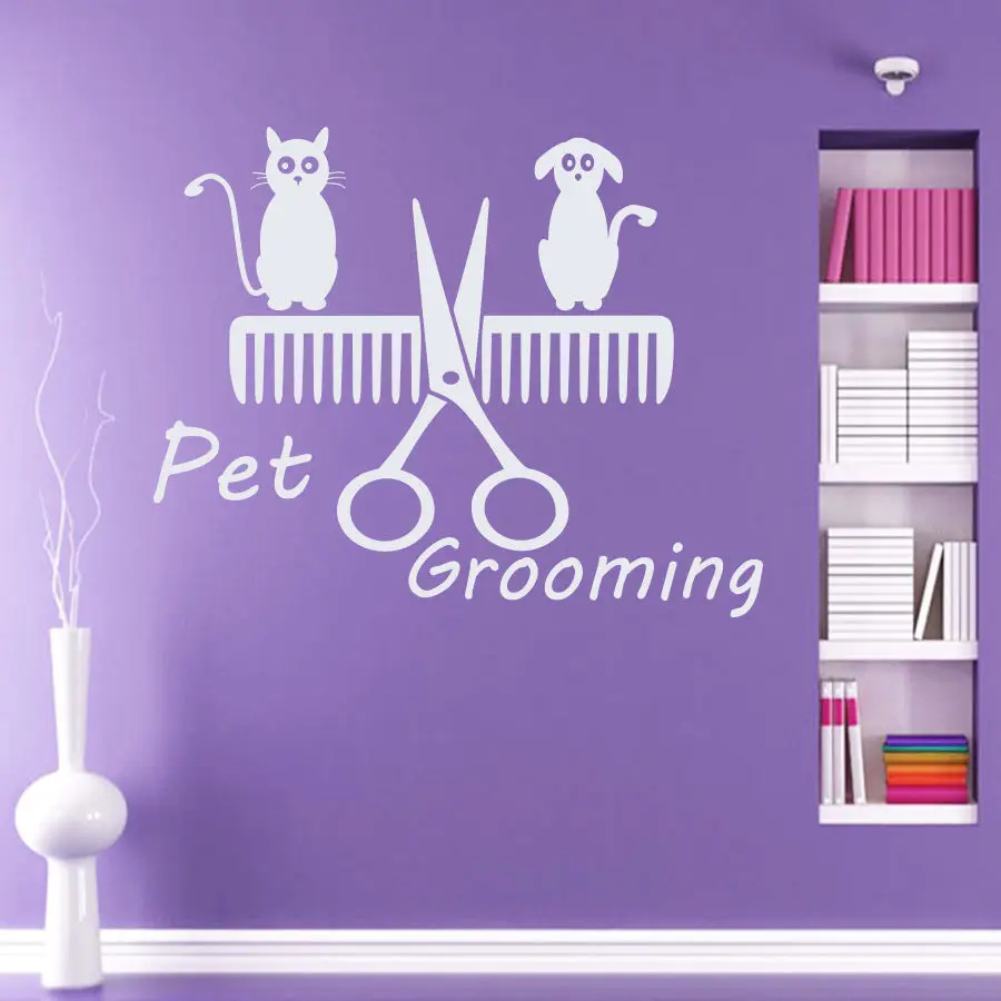 DCTAL Pet Shop Vinyl Wall Decal Pet Grooming Salon Sign Dog Cat Scissors Comb Wall Sticker Pet Salon Decorative Decoration