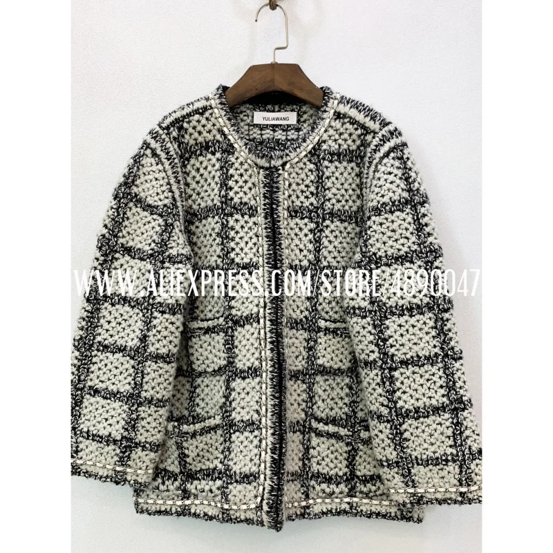 

Autumn winter 2019 women's plaid knitted wool coat casual loose chain edge fashion knitted cardigan coat jacket