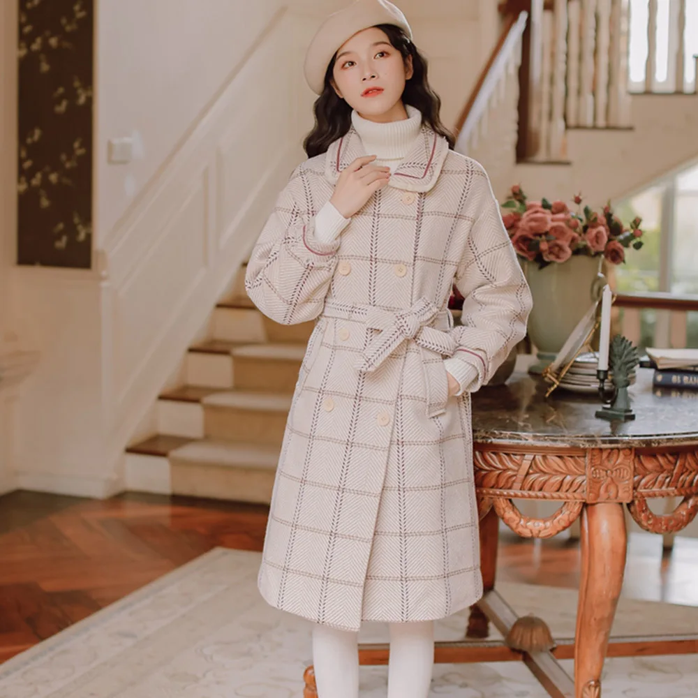 

Mori Girl Winter Thick Long Overcoat Brit Graphics Double-Breasted Vintage Wool Blend Simple Lace Up Autumn Outwears Elegant